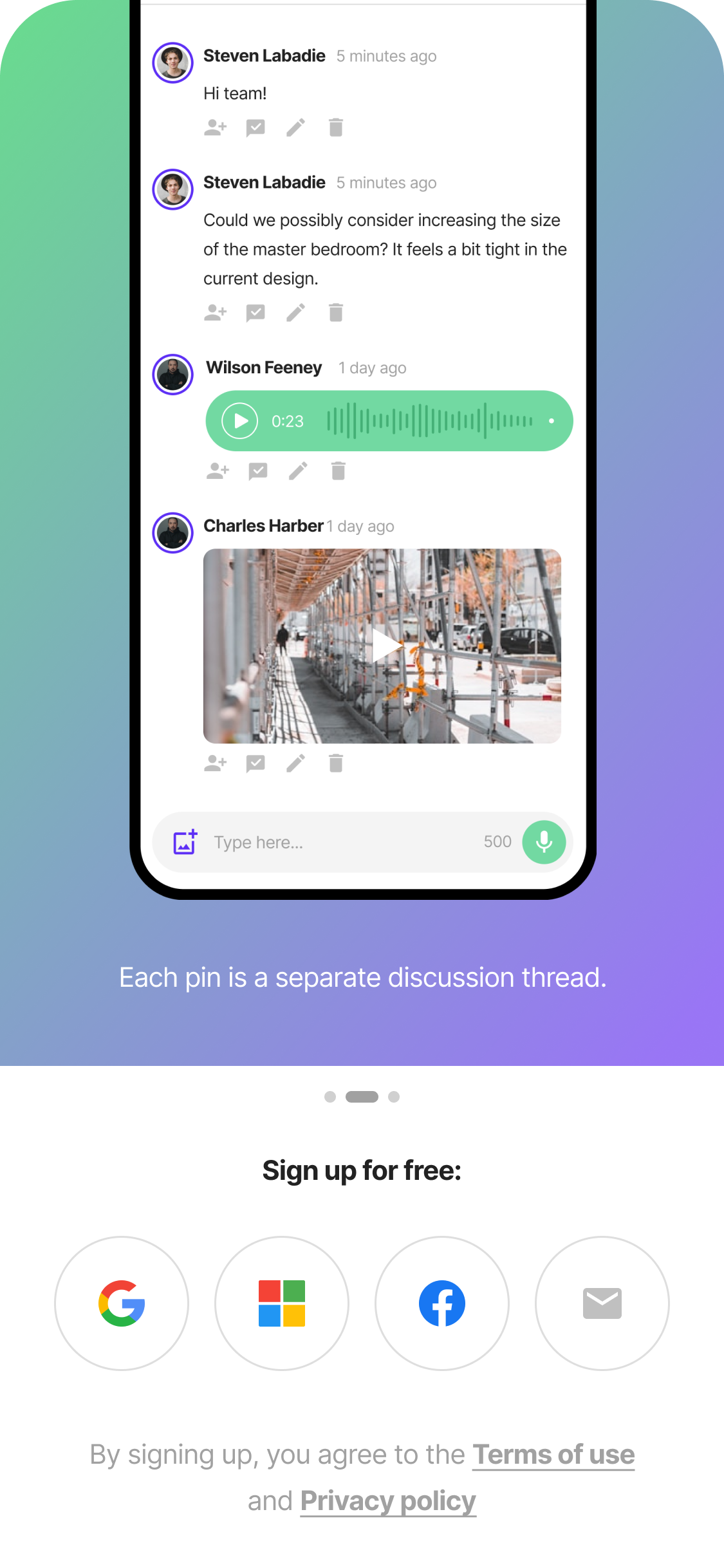 PinMy discussion thread with voice notes, text comments and video attachments from multiple team members on a construction project — threaded conversations anchored to one pin.