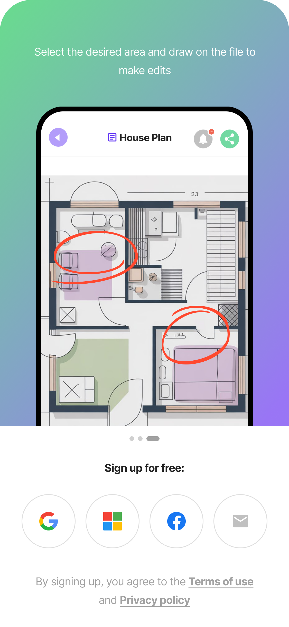 PinMy mobile app with red freehand circles drawn around problem areas on a house floor plan — sketching and annotation directly on plans.