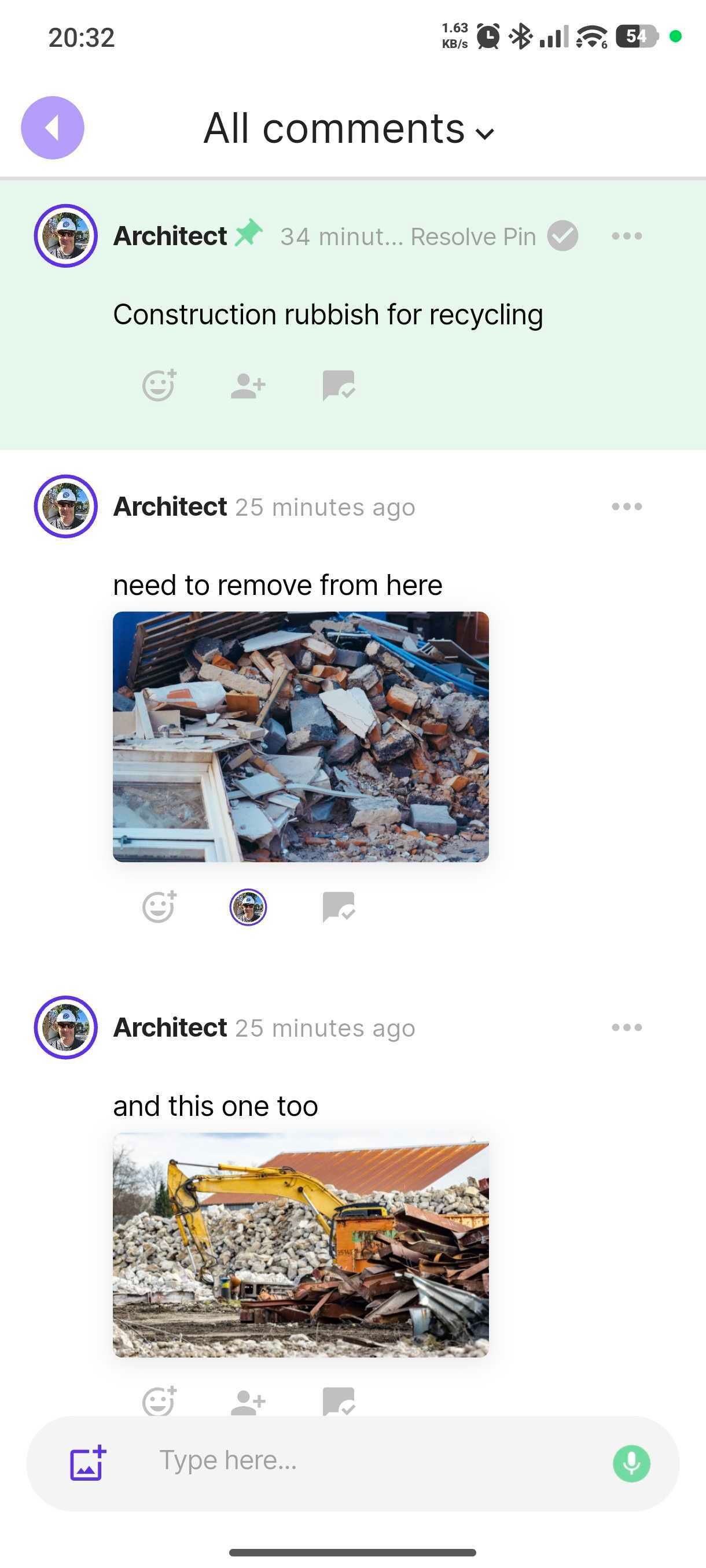 Comment thread with site photos opened from a pin on the 3D IFC model