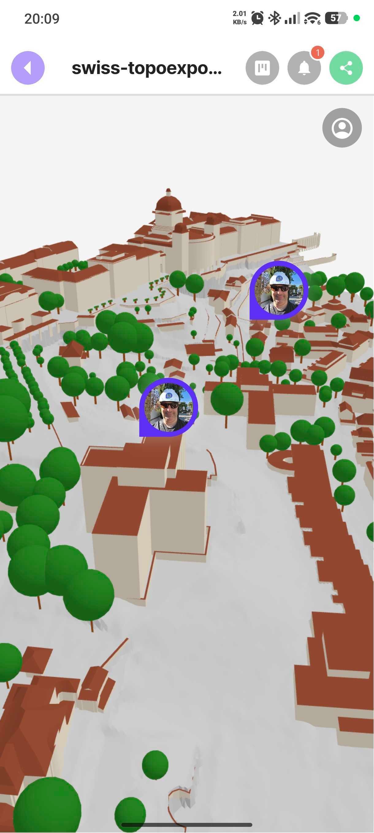 Two geolocated pins placed on a 3D IFC city model in PinMy