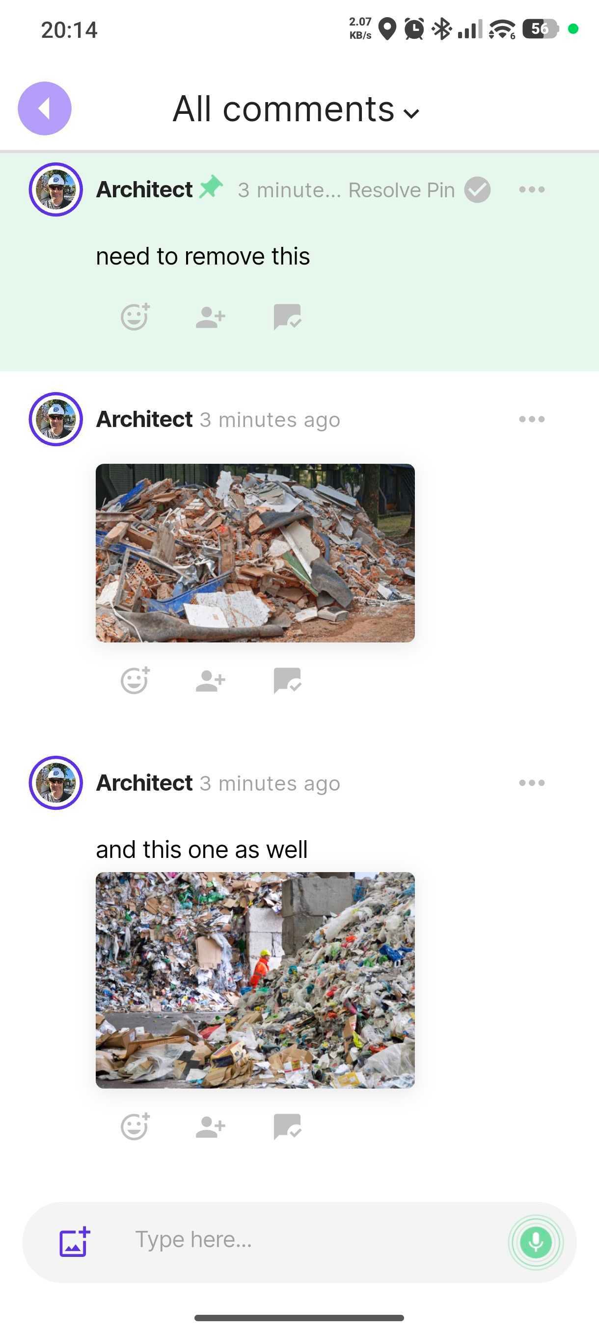 Comment thread with site photos opened from a pin on the map