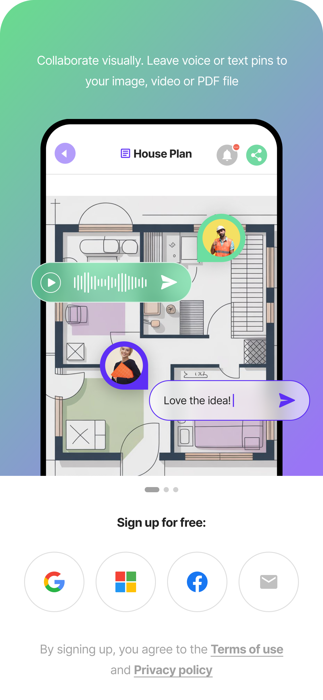 PinMy mobile app showing a house floor plan with a green voice note pin and a purple text comment "Love the idea" — visual collaboration on construction plans.