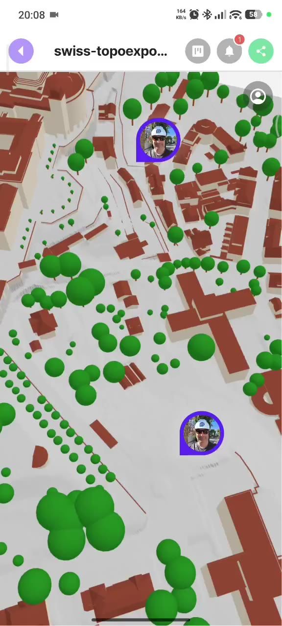 PinMy mobile app showing pins on a 3D IFC city model for digital twin field data capture