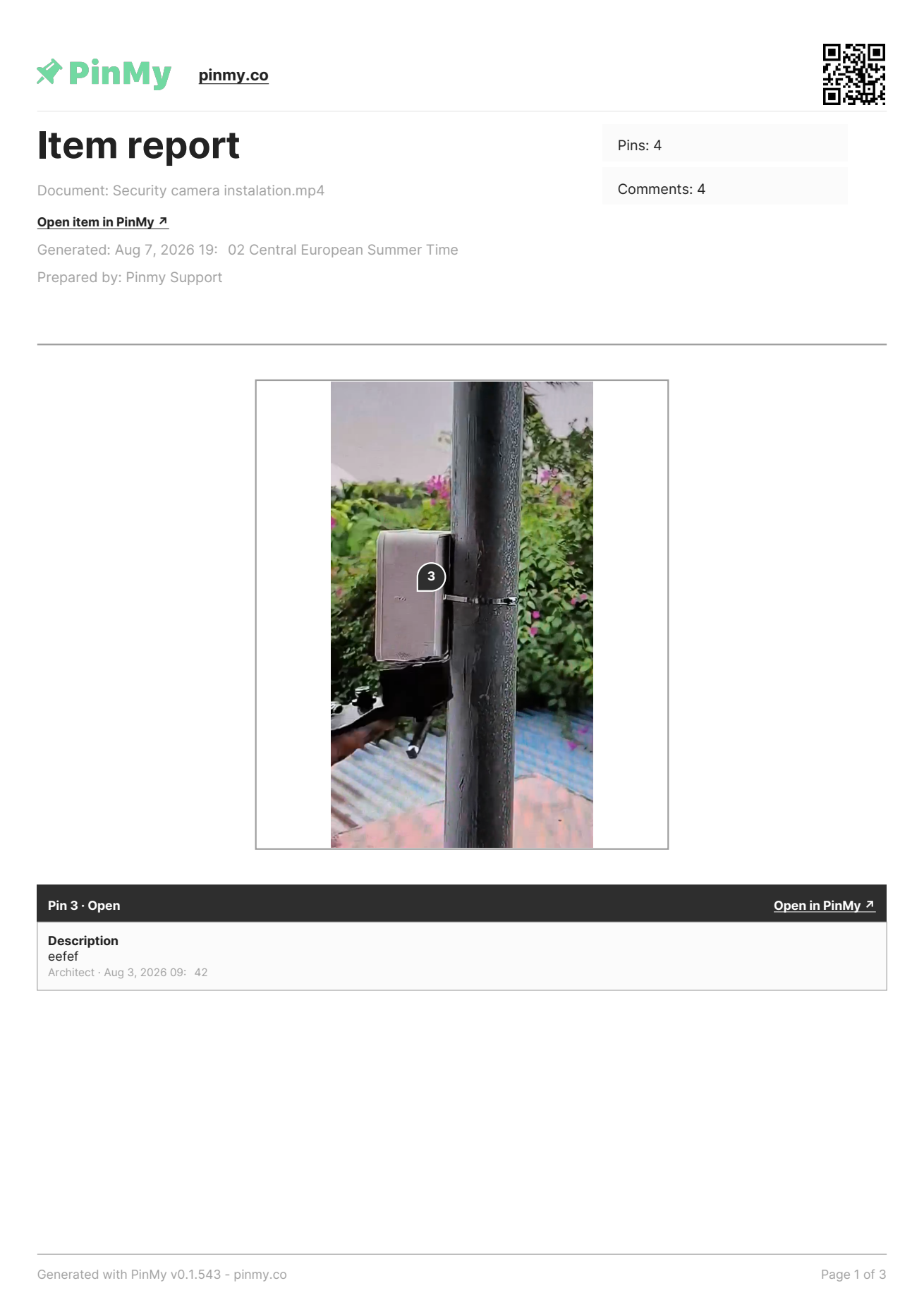 First page of a PinMy Item Report: a header with pin and comment counts, a frame from a walkthrough video of a security camera installation with a numbered pin marker on it, that pin's description below, and a QR code back to the project in the top corner.