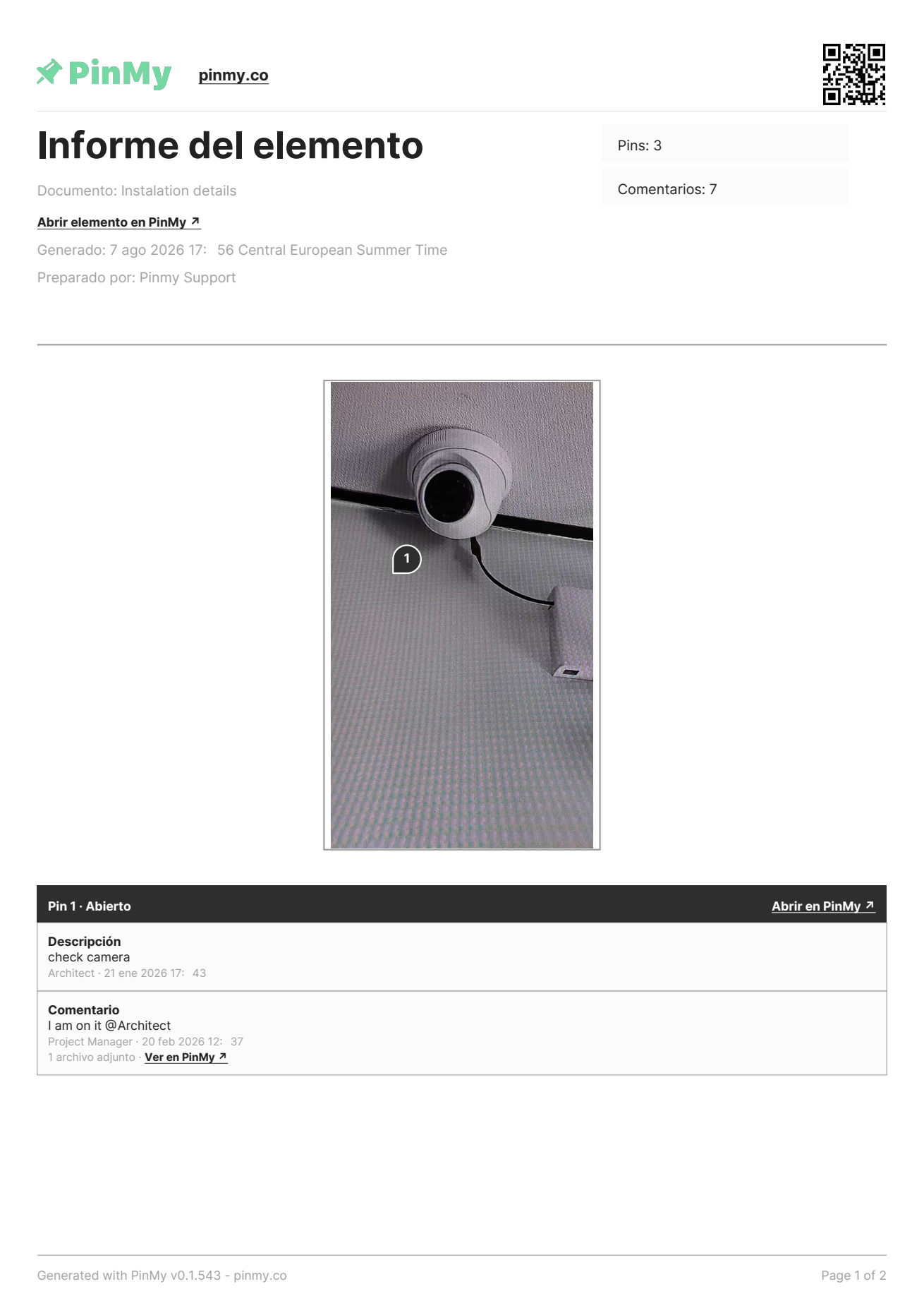 Primera página de un Informe del elemento de PinMy: cabecera con el recuento de pines y comentarios, una foto de obra de una cámara CCTV con un marcador numerado encima, la descripción del pin y un código QR de vuelta al proyecto.