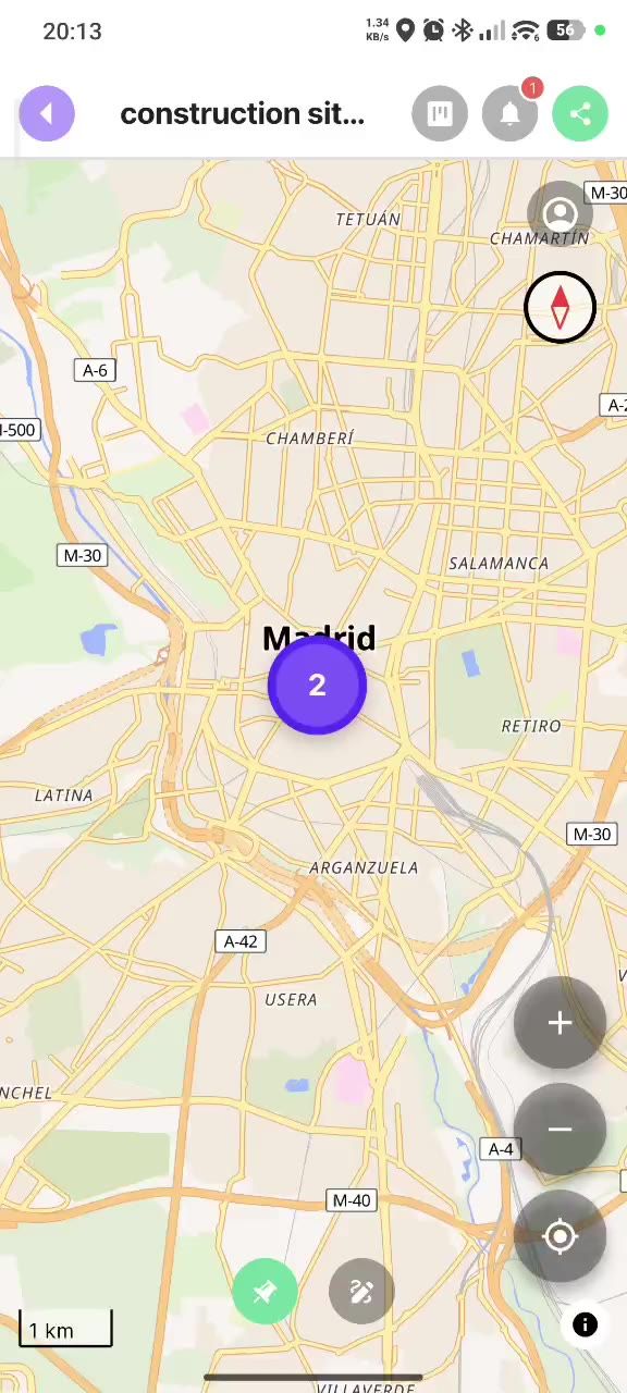 PinMy interactive map showing geolocated field pins across a city for a local digital twin